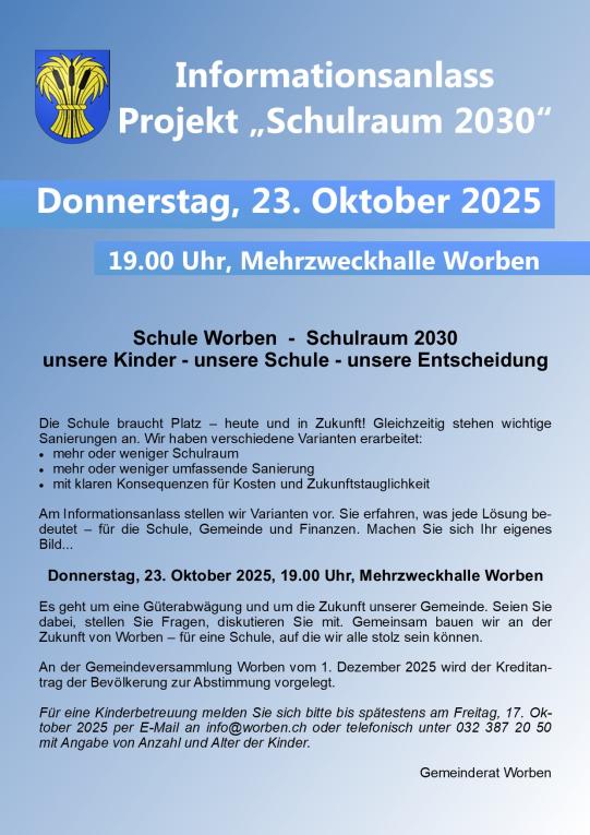 Einladung Informationsanlass Projekt "Schulraum 2030" vom 23. Oktober 2025